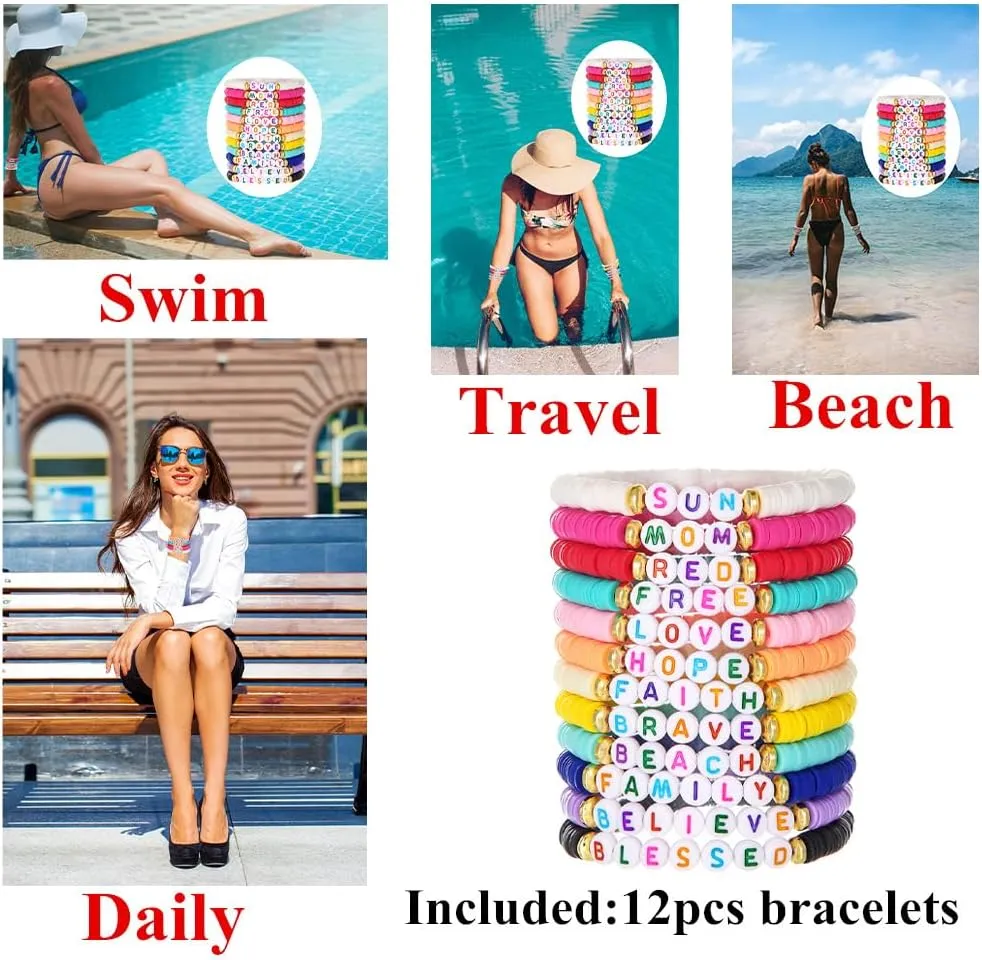 12pcs Friendship Bracelets Beaded Bracelets Heishi Bracelet Cute Bracelets Stack Vinyl Clay Disc Bead Surfer Stretch Summer Beach Bracelets For Women Preppy Bracelets