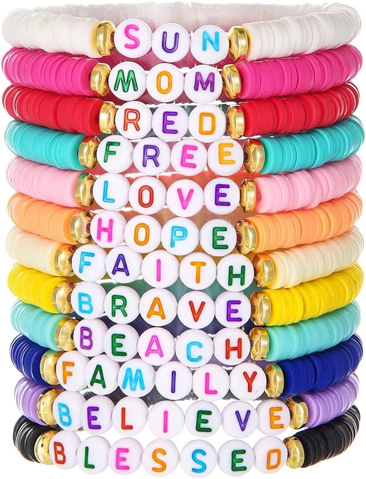 12pcs Friendship Bracelets Beaded Bracelets Heishi Bracelet Cute Bracelets Stack Vinyl Clay Disc Bead Surfer Stretch Summer Beach Bracelets For Women Preppy Bracelets