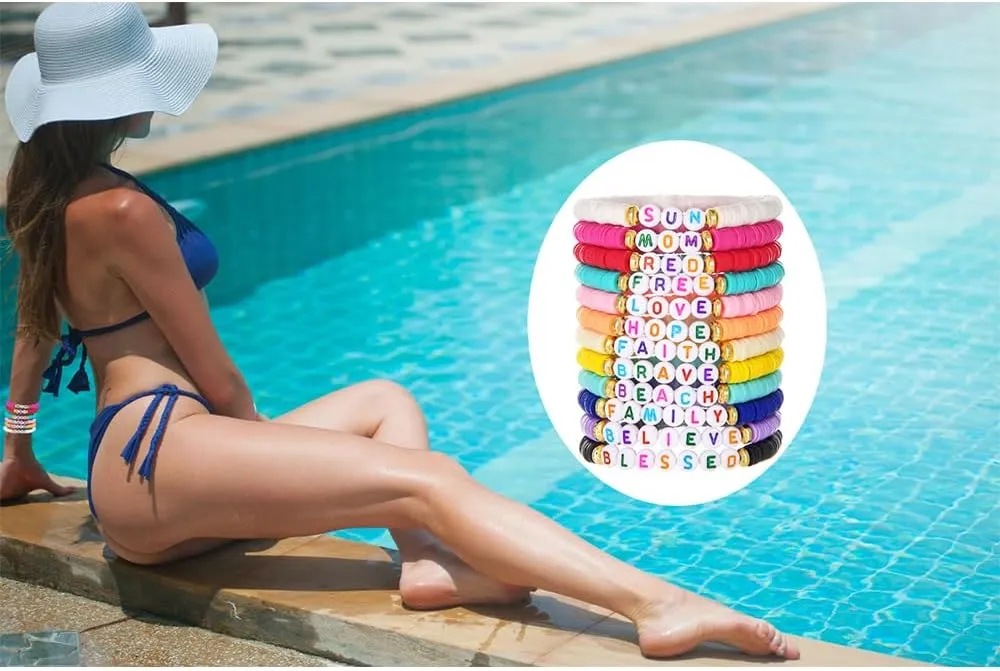 12pcs Friendship Bracelets Beaded Bracelets Heishi Bracelet Cute Bracelets Stack Vinyl Clay Disc Bead Surfer Stretch Summer Beach Bracelets For Women Preppy Bracelets