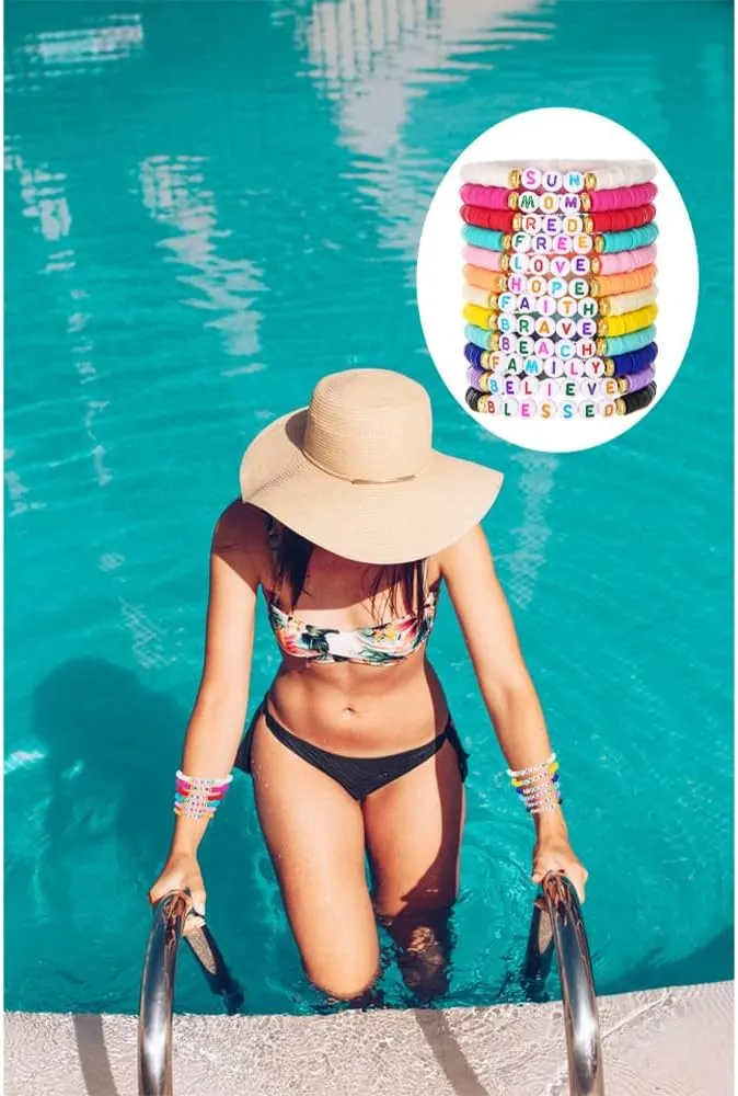 12pcs Friendship Bracelets Beaded Bracelets Heishi Bracelet Cute Bracelets Stack Vinyl Clay Disc Bead Surfer Stretch Summer Beach Bracelets For Women Preppy Bracelets