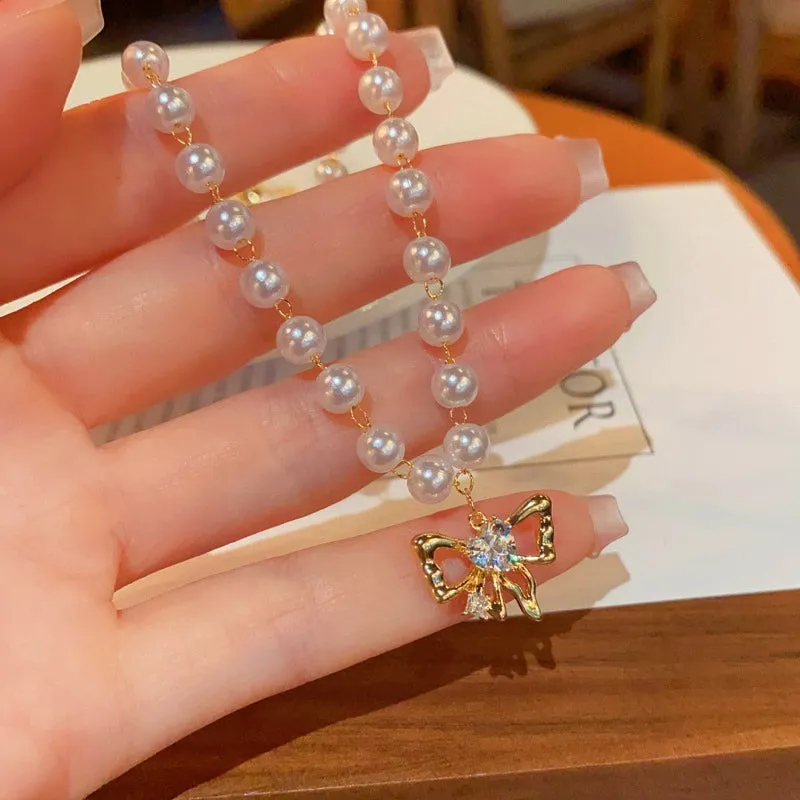 14K Gold-Plated Elegant Bow Pearl Necklaces