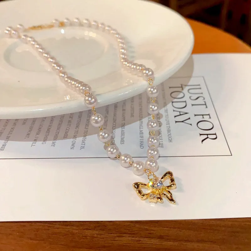 14K Gold-Plated Elegant Bow Pearl Necklaces