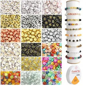 1800PCS Letter Beads For Bracelets Making Kit, 14 Styles 1400PCS Round Alphabet Beads 2 Style 200PCS Smiley Face Bead 200PCS Cute Heart Star Flower Moon Pattern Gold Beads For Jewelry Making DIY Craft
