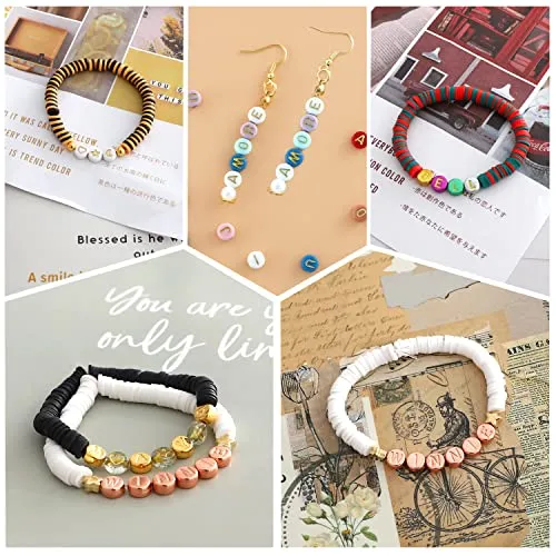 1800PCS Letter Beads For Bracelets Making Kit, 14 Styles 1400PCS Round Alphabet Beads 2 Style 200PCS Smiley Face Bead 200PCS Cute Heart Star Flower Moon Pattern Gold Beads For Jewelry Making DIY Craft