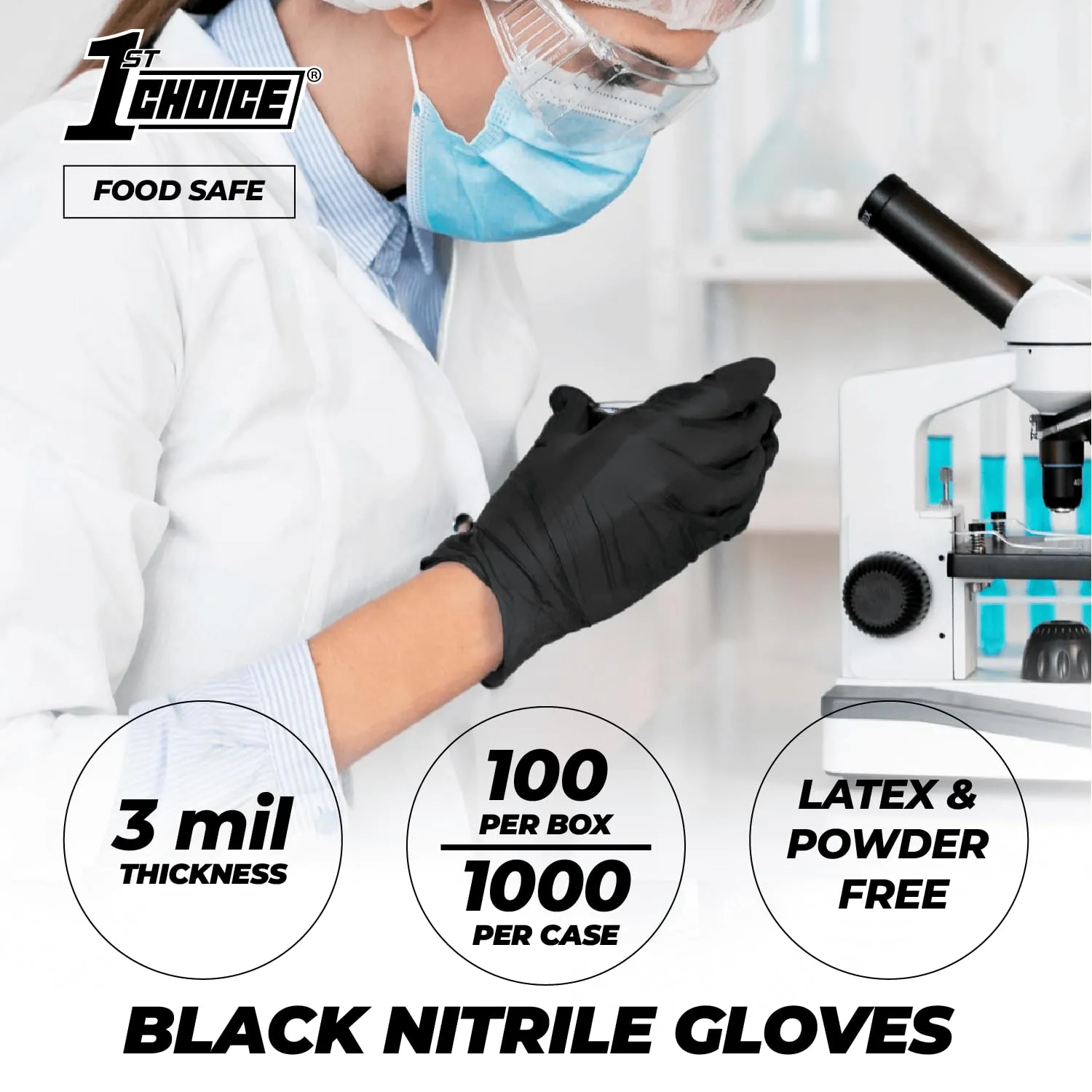 1st Choice Black Nitrile Gloves Box of 100 Large Gloves Disposable Latex Free - Exam Grade Black Gloves for Cooking - 3mil