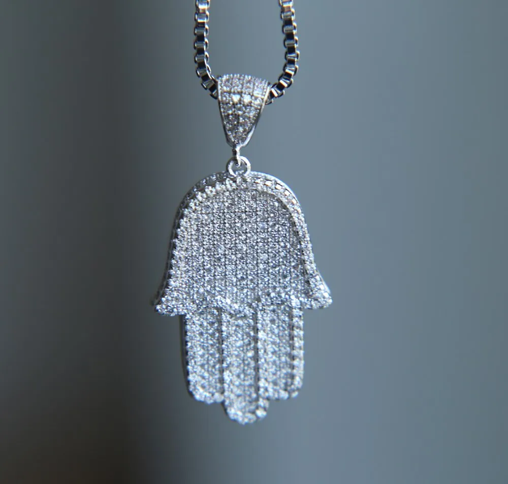 2017 high quality hip hop bling box chain 24" women Men couple gold silver color iced out Hamsa hand pendant necklace with cz