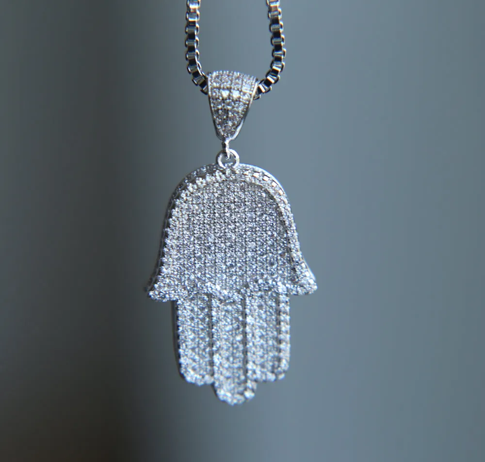 2017 high quality hip hop bling box chain 24" women Men couple gold silver color iced out Hamsa hand pendant necklace with cz