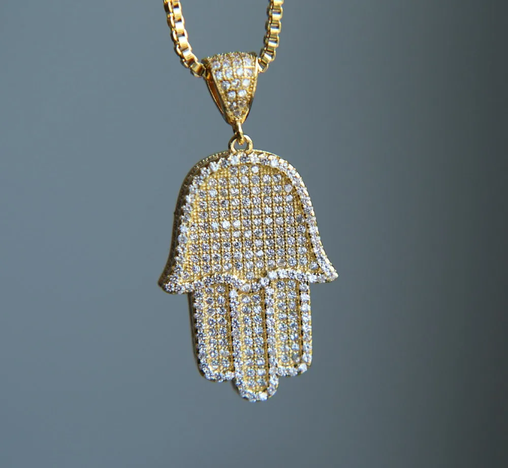 2017 high quality hip hop bling box chain 24" women Men couple gold silver color iced out Hamsa hand pendant necklace with cz