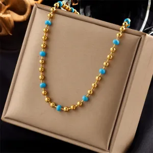 316L Stainless Steel Gold Color Blue Beads Necklace For Women