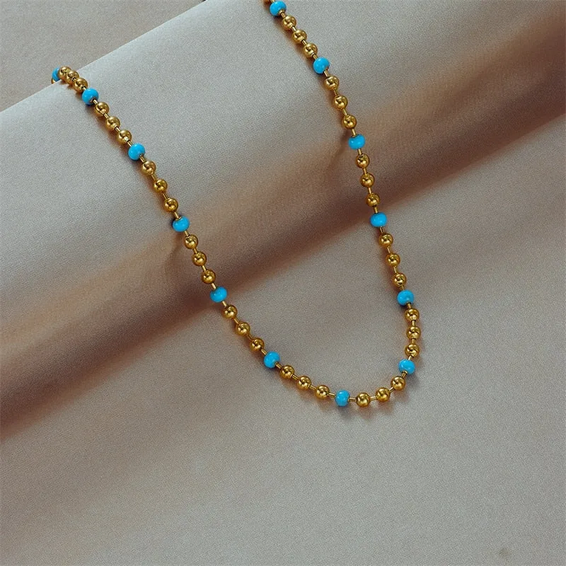 316L Stainless Steel Gold Color Blue Beads Necklace For Women