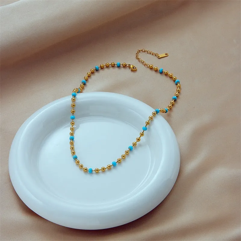 316L Stainless Steel Gold Color Blue Beads Necklace For Women
