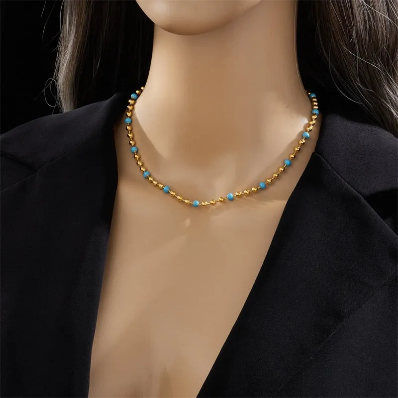 316L Stainless Steel Gold Color Blue Beads Necklace For Women