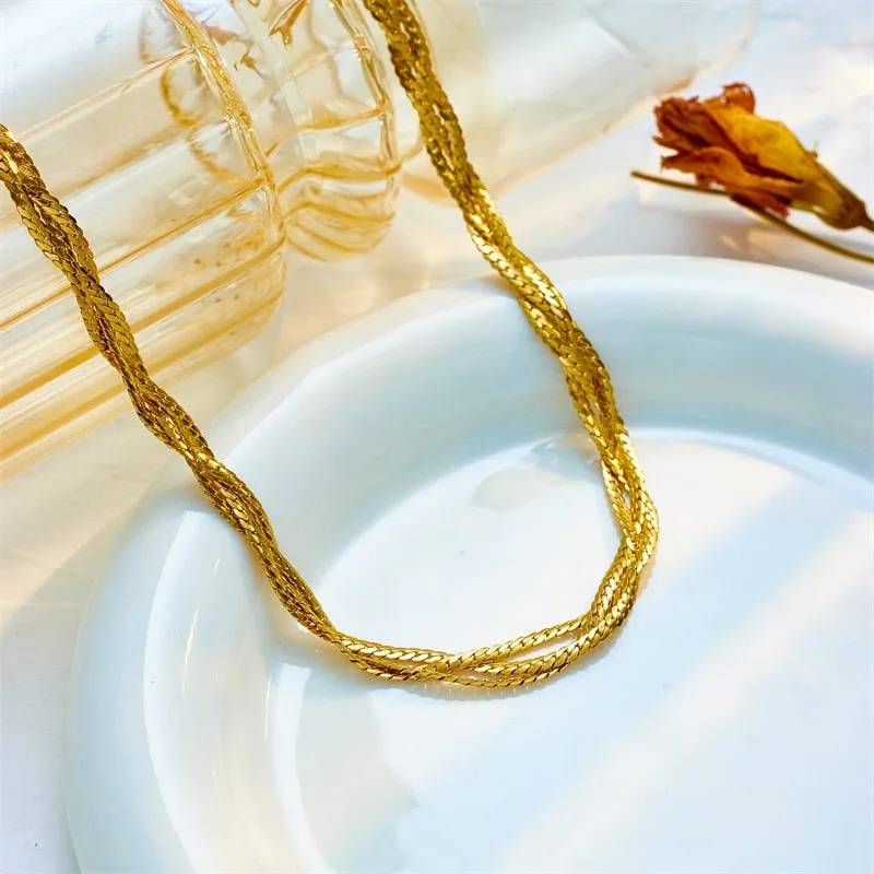 316L Stainless Steel Gold Color Triple Chain Crossover Necklace For Women
