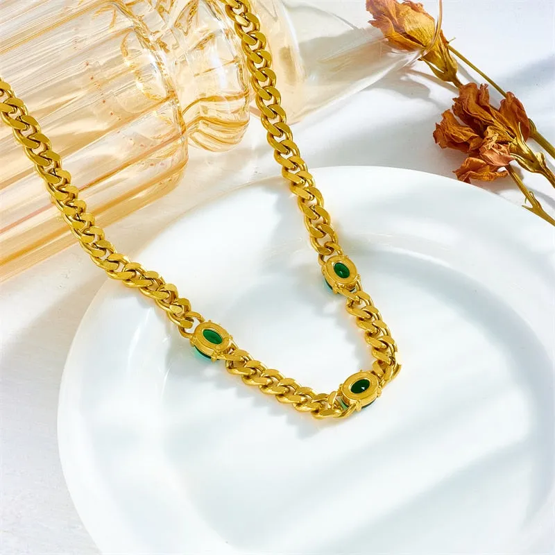316L Stainless Steel Large Oval Green White Zircon Necklace For Women