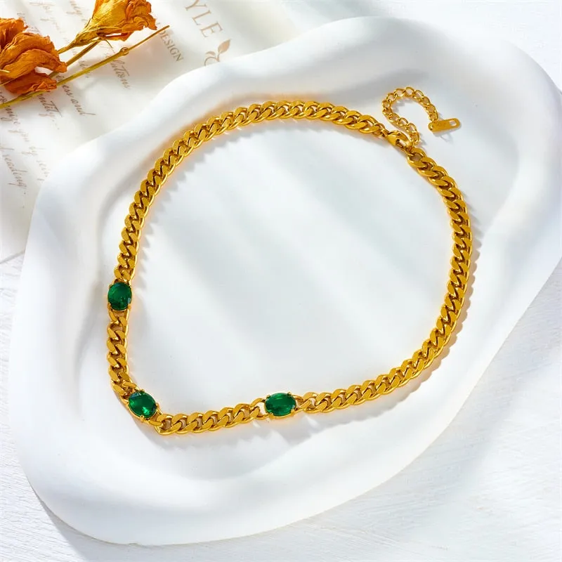 316L Stainless Steel Large Oval Green White Zircon Necklace For Women