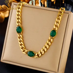 316L Stainless Steel Large Oval Green White Zircon Necklace For Women