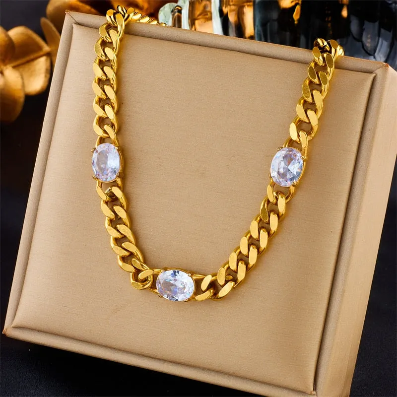 316L Stainless Steel Large Oval Green White Zircon Necklace For Women