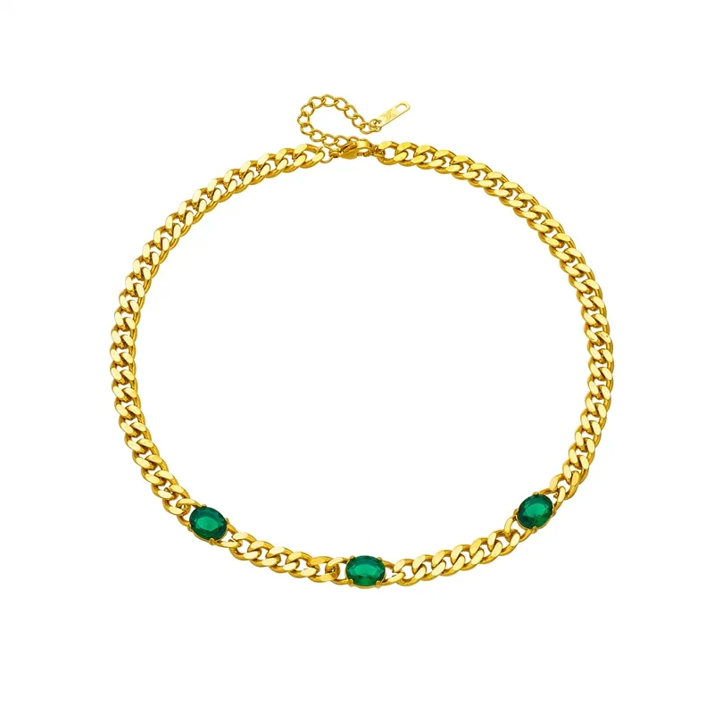 316L Stainless Steel Large Oval Green White Zircon Necklace For Women