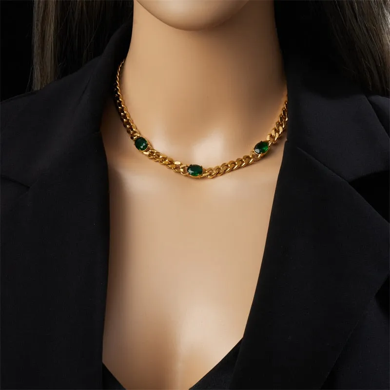 316L Stainless Steel Large Oval Green White Zircon Necklace For Women