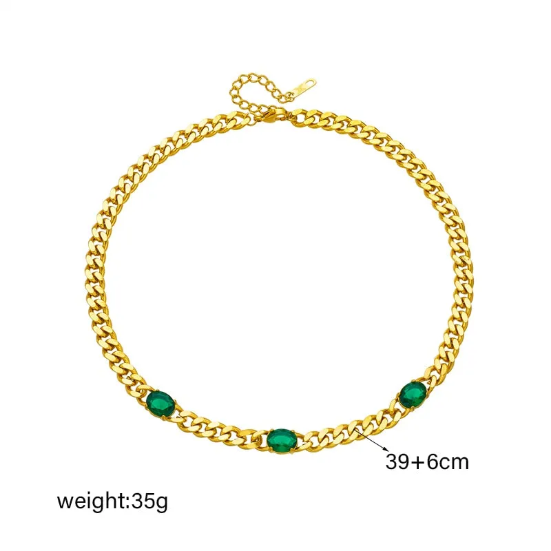 316L Stainless Steel Large Oval Green White Zircon Necklace For Women