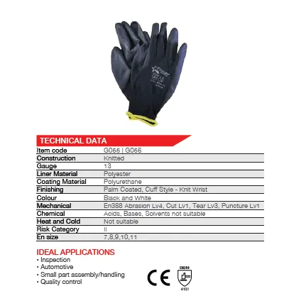 50mm 2.5'' Black inspection PU polyester knit wrist gloves Abrasion Lv4