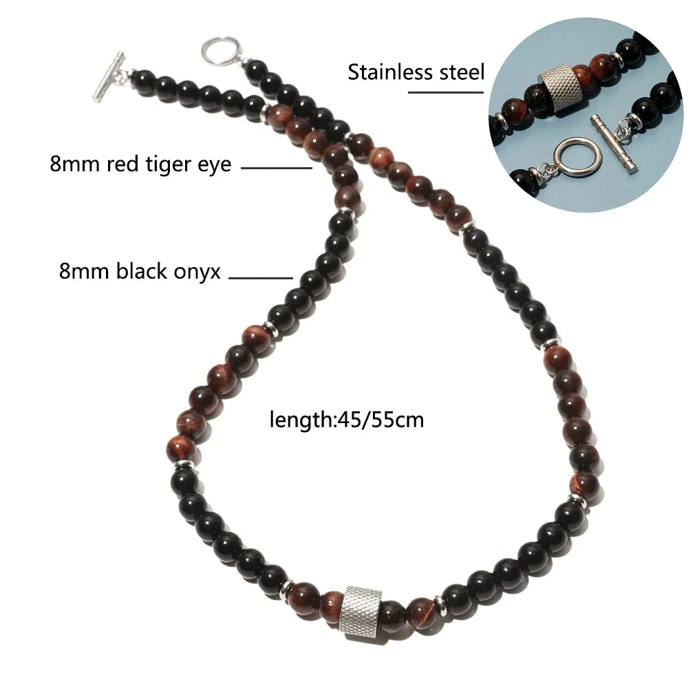 8mm Natural Stone Tiger Eyes Black Onyx Bead Necklace Stainless Steel Beaded Charm Choker Neck Chain