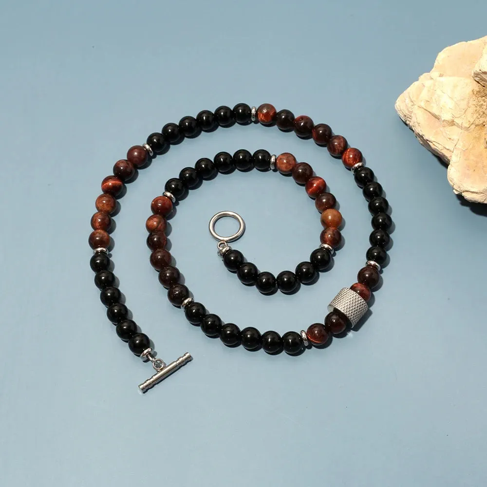 8mm Natural Stone Tiger Eyes Black Onyx Bead Necklace Stainless Steel Beaded Charm Choker Neck Chain