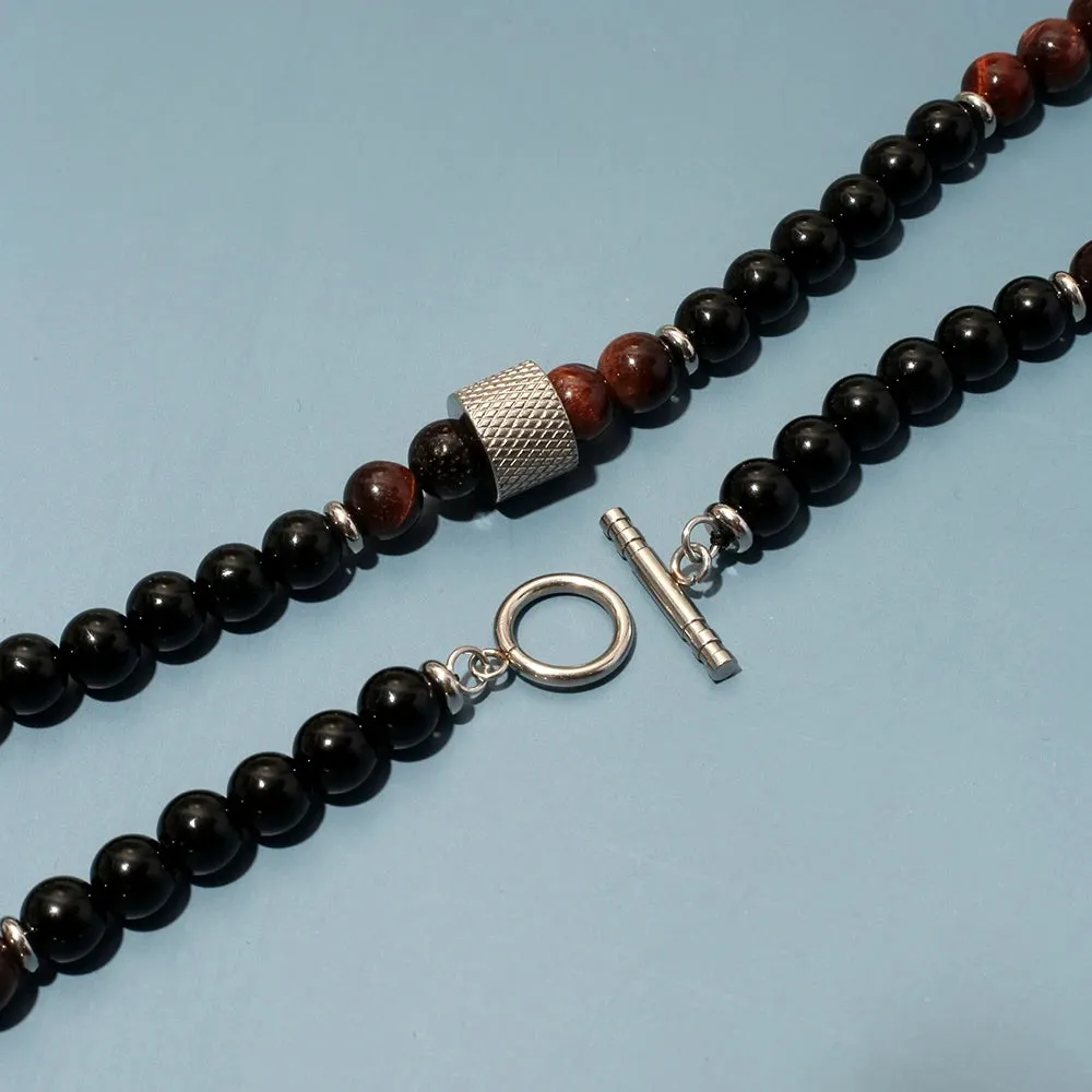 8mm Natural Stone Tiger Eyes Black Onyx Bead Necklace Stainless Steel Beaded Charm Choker Neck Chain