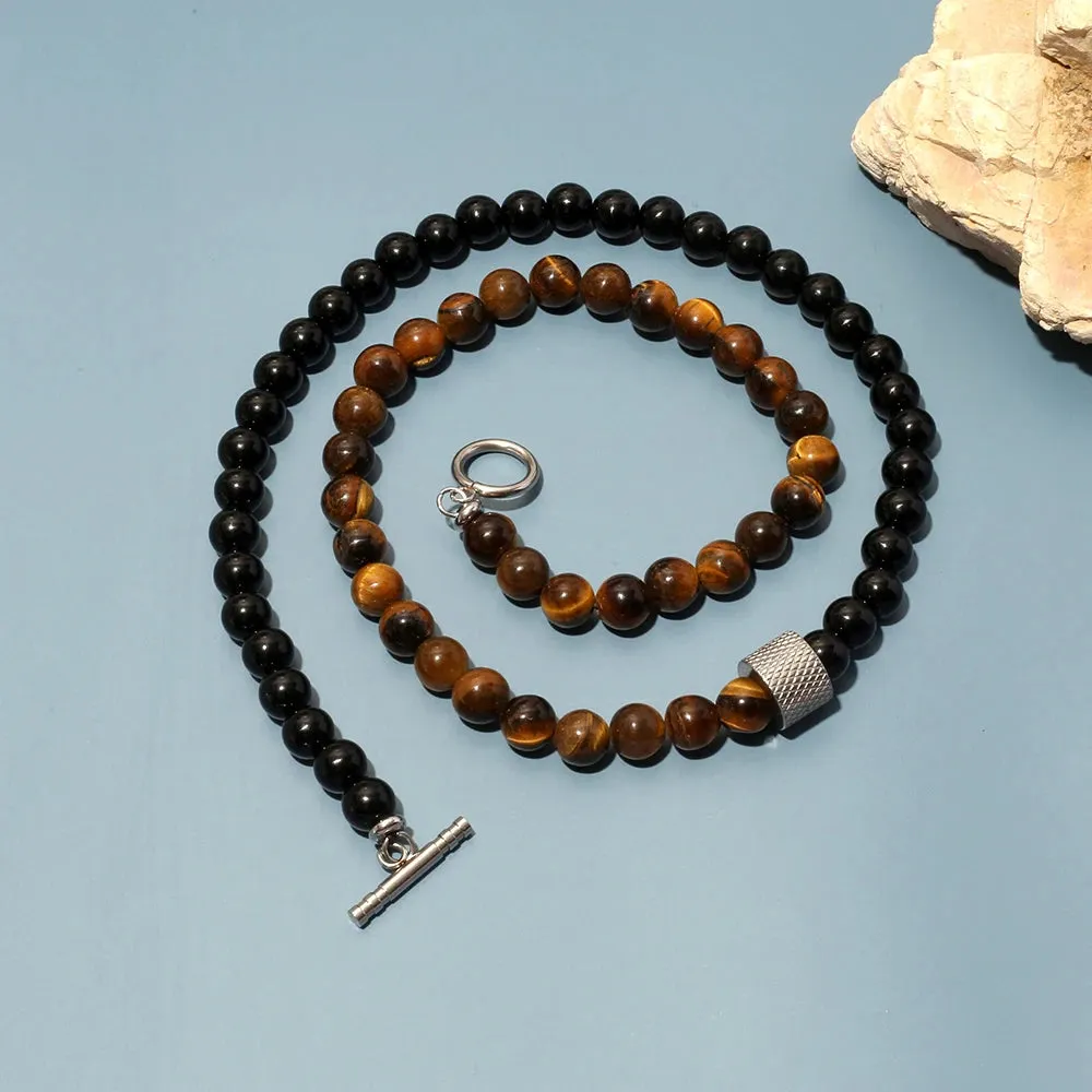 8mm Natural Stone Tiger Eyes Black Onyx Bead Necklace Stainless Steel Beaded Charm Choker Neck Chain