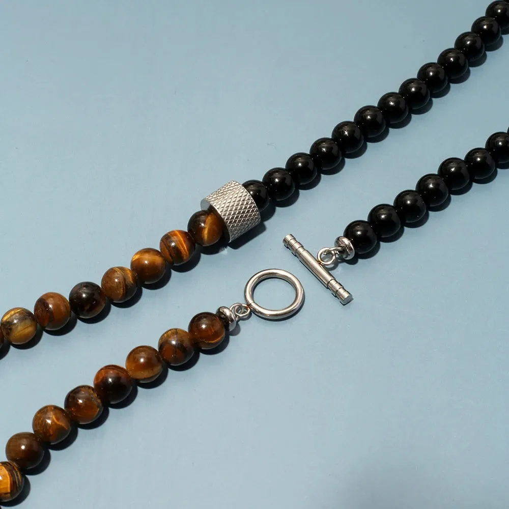 8mm Natural Stone Tiger Eyes Black Onyx Bead Necklace Stainless Steel Beaded Charm Choker Neck Chain