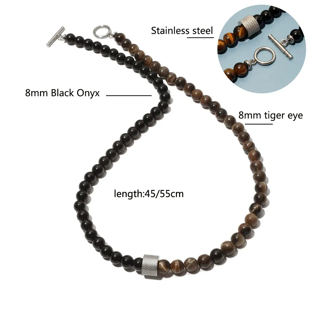8mm Natural Stone Tiger Eyes Black Onyx Bead Necklace Stainless Steel Beaded Charm Choker Neck Chain