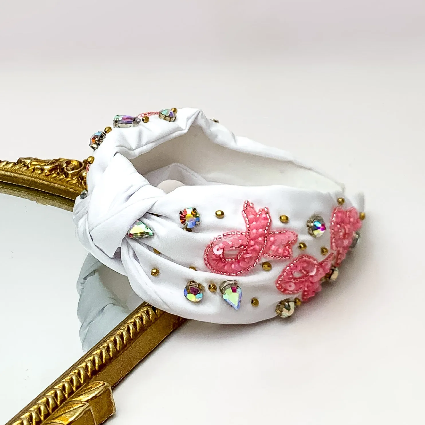 AB Crystal Detailed Knot Headband with Pink Beaded Ribbons in White