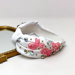 AB Crystal Detailed Knot Headband with Pink Beaded Ribbons in White