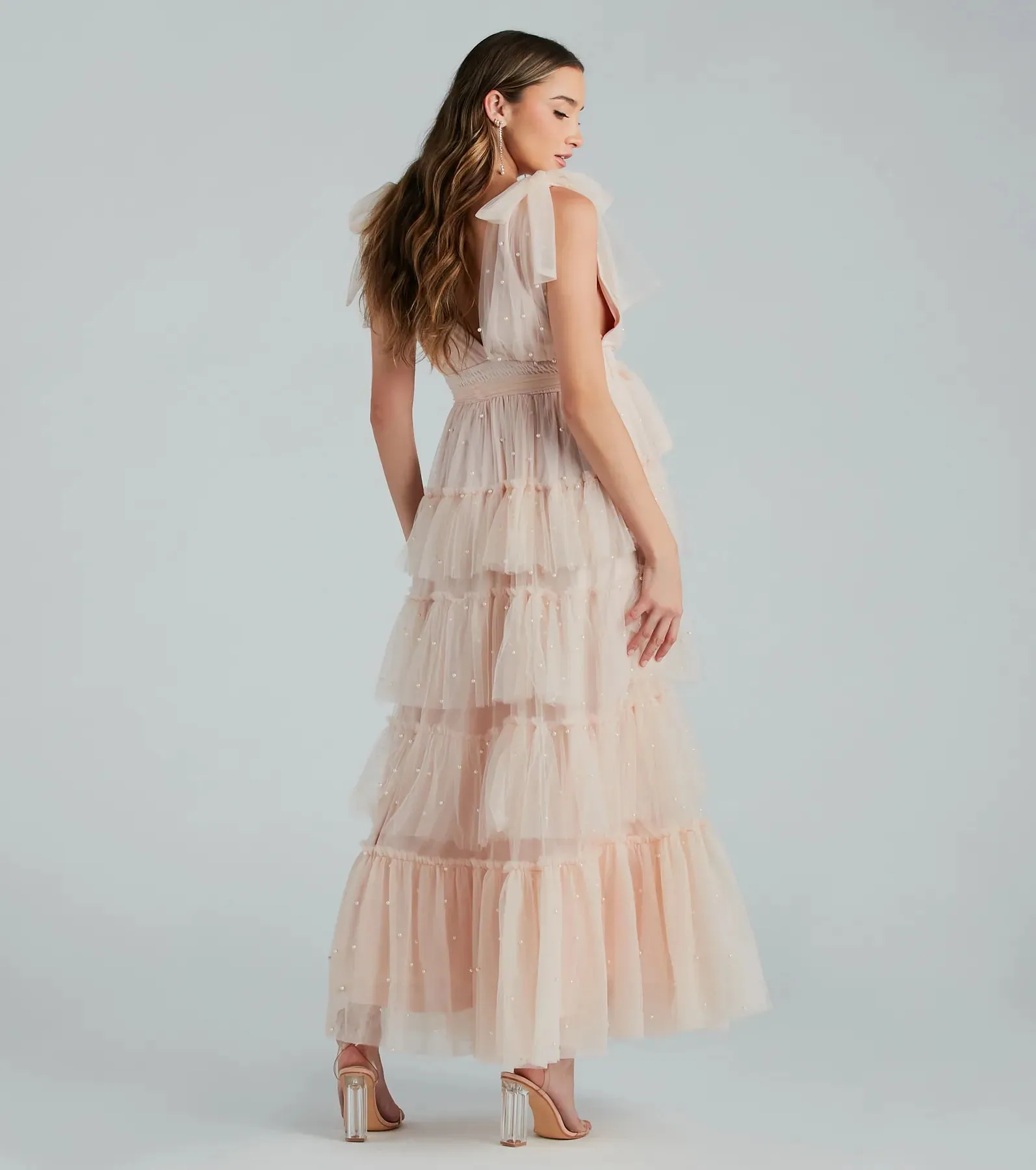 Adele Pearl Detail Ruffle Tulle Formal Dress
