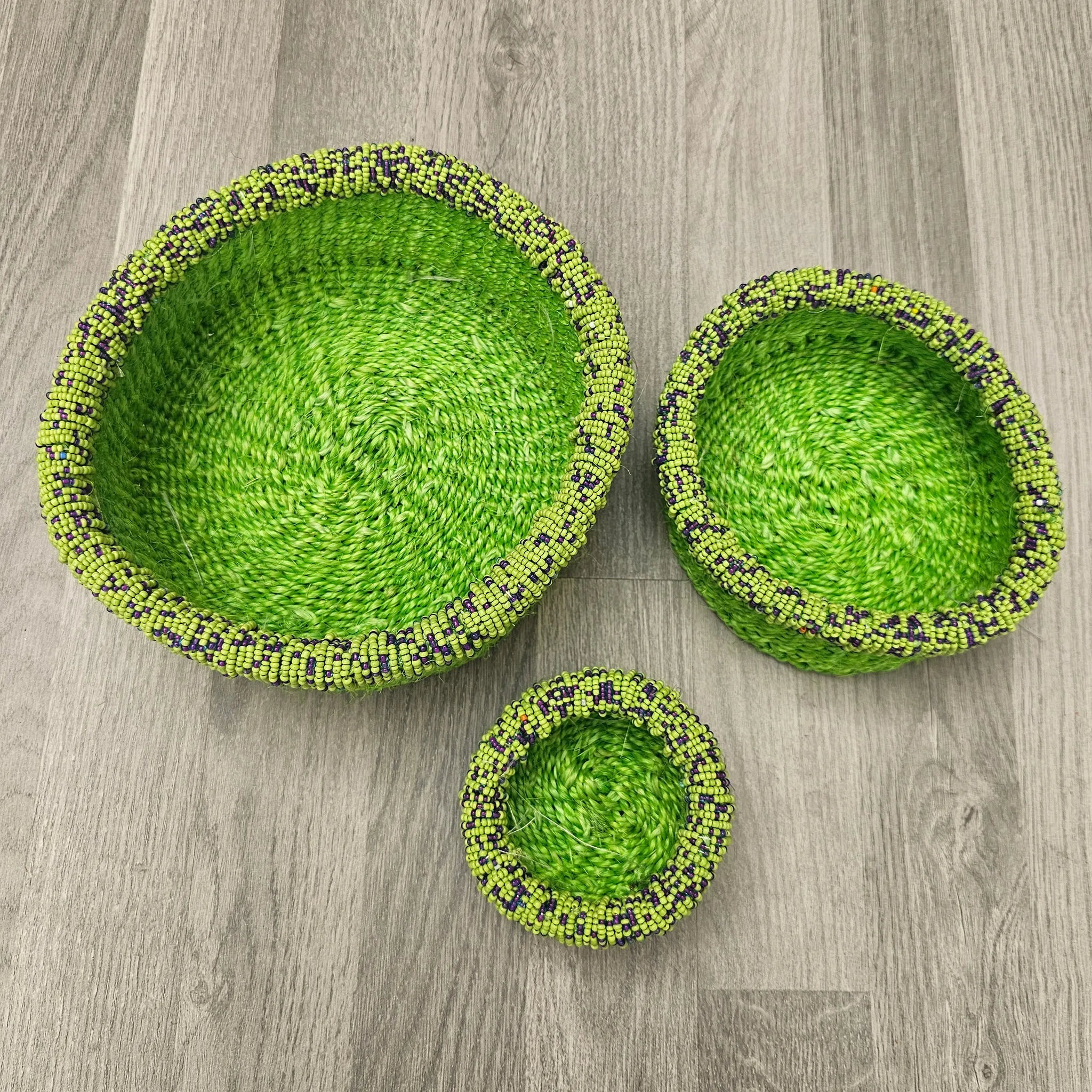 Beaded Kiondo Baskets  Green Sisal Basket - Set of 3