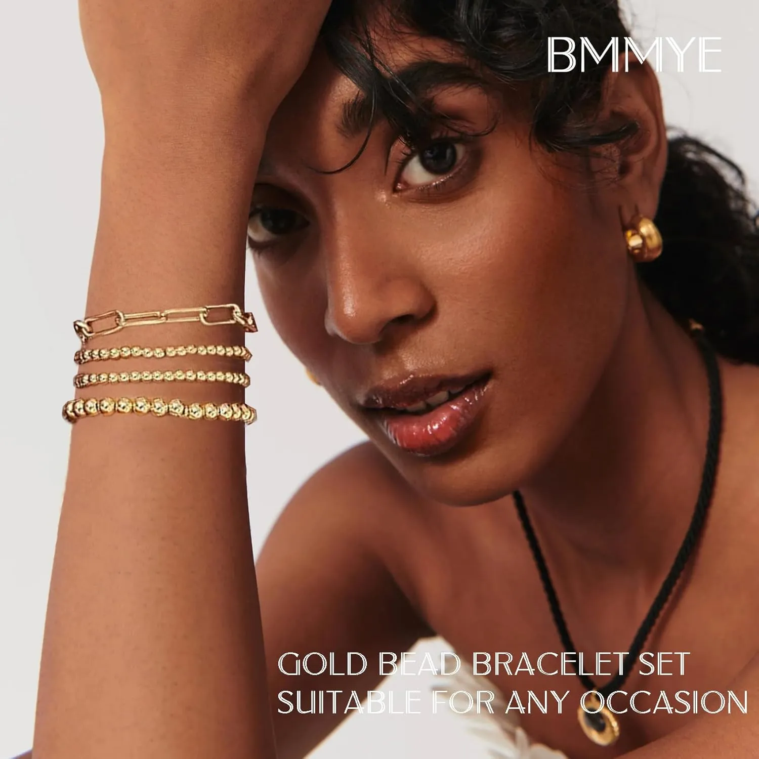 BMMYE Gold Bead Bracelet for Women, 14K Gold Plated Hypoallergenic Beaded Bracelets, Stackable Stretchable Bracelet Set
