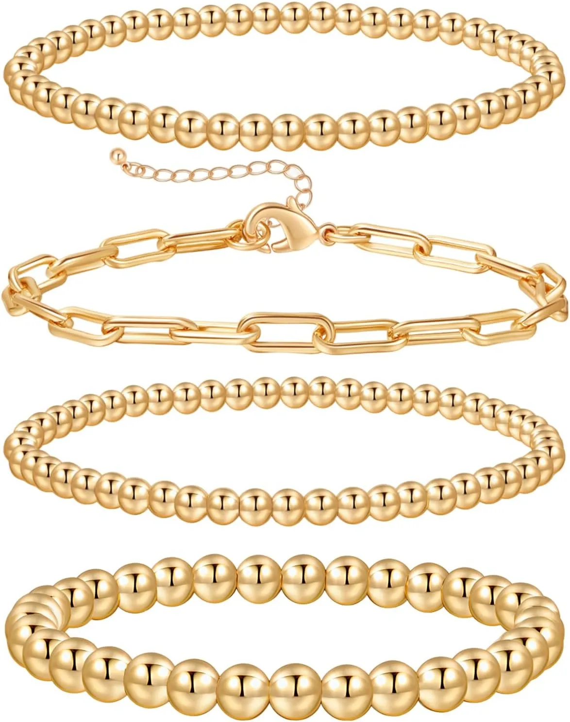 BMMYE Gold Bead Bracelet for Women, 14K Gold Plated Hypoallergenic Beaded Bracelets, Stackable Stretchable Bracelet Set