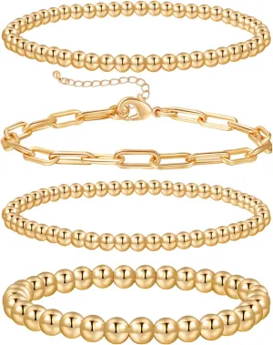BMMYE Gold Bead Bracelet for Women, 14K Gold Plated Hypoallergenic Beaded Bracelets, Stackable Stretchable Bracelet Set