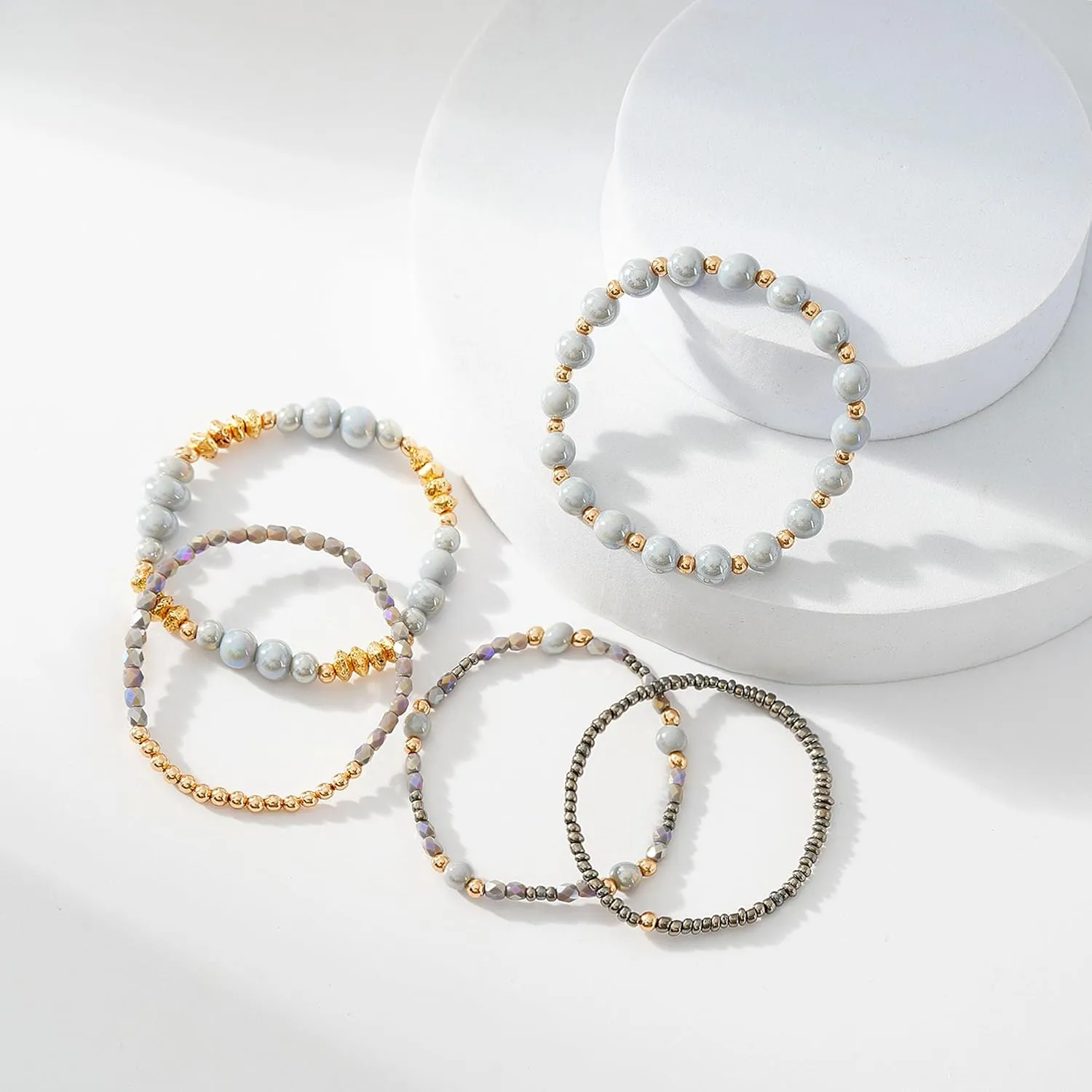 Boho Beaded Stretch Bracelets For Women Stackable Crystal Gold Beaded Bracelets Set Trendy Handmade Friendship Braeclet Jewelry Gifts