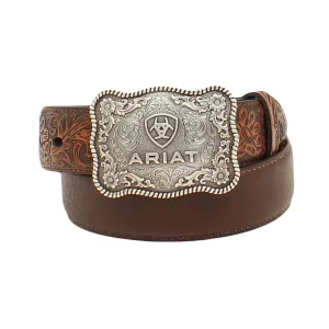 Boys Distressed Floral Tooled Brown Leather Belt