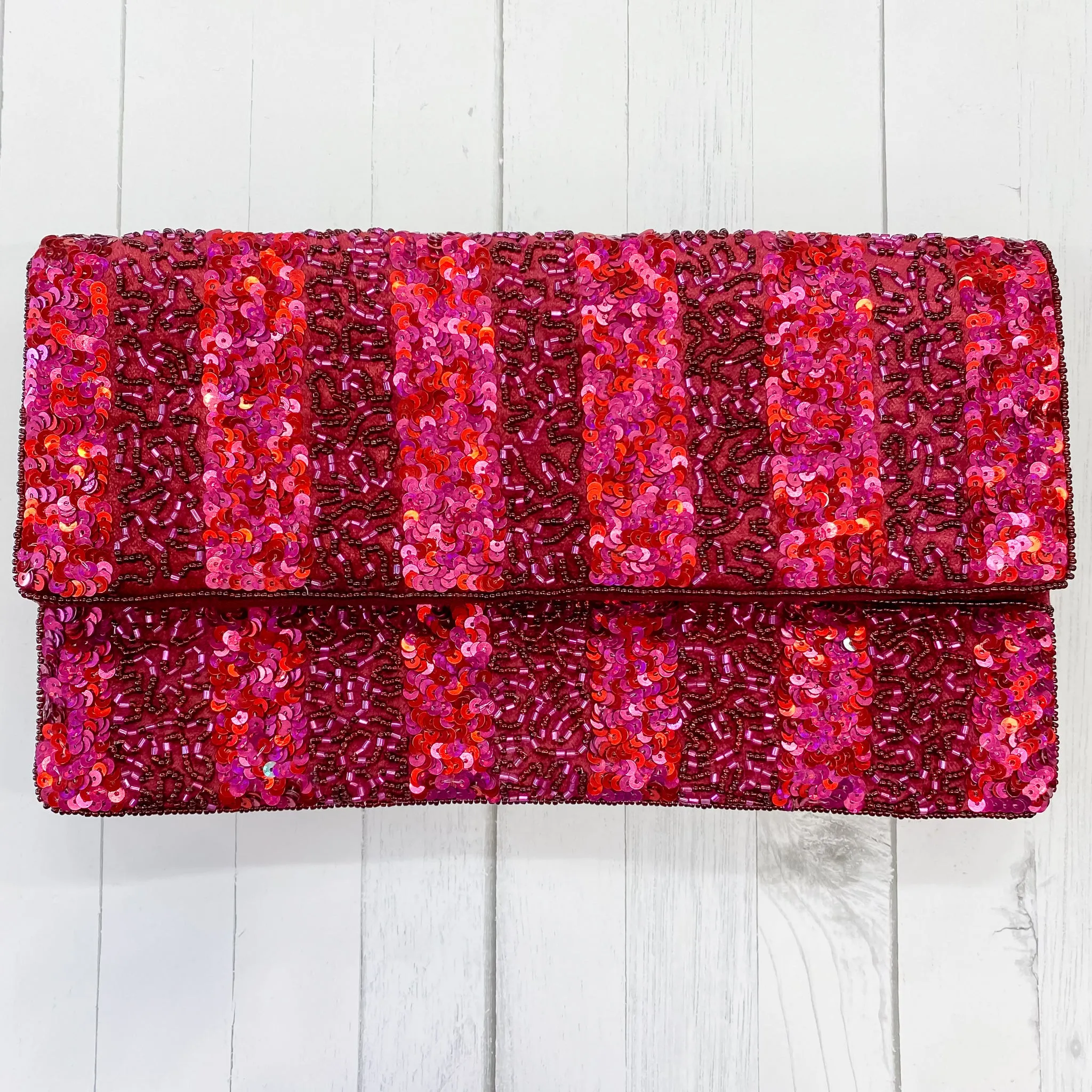 Deep Red Striped Beaded Crossbody