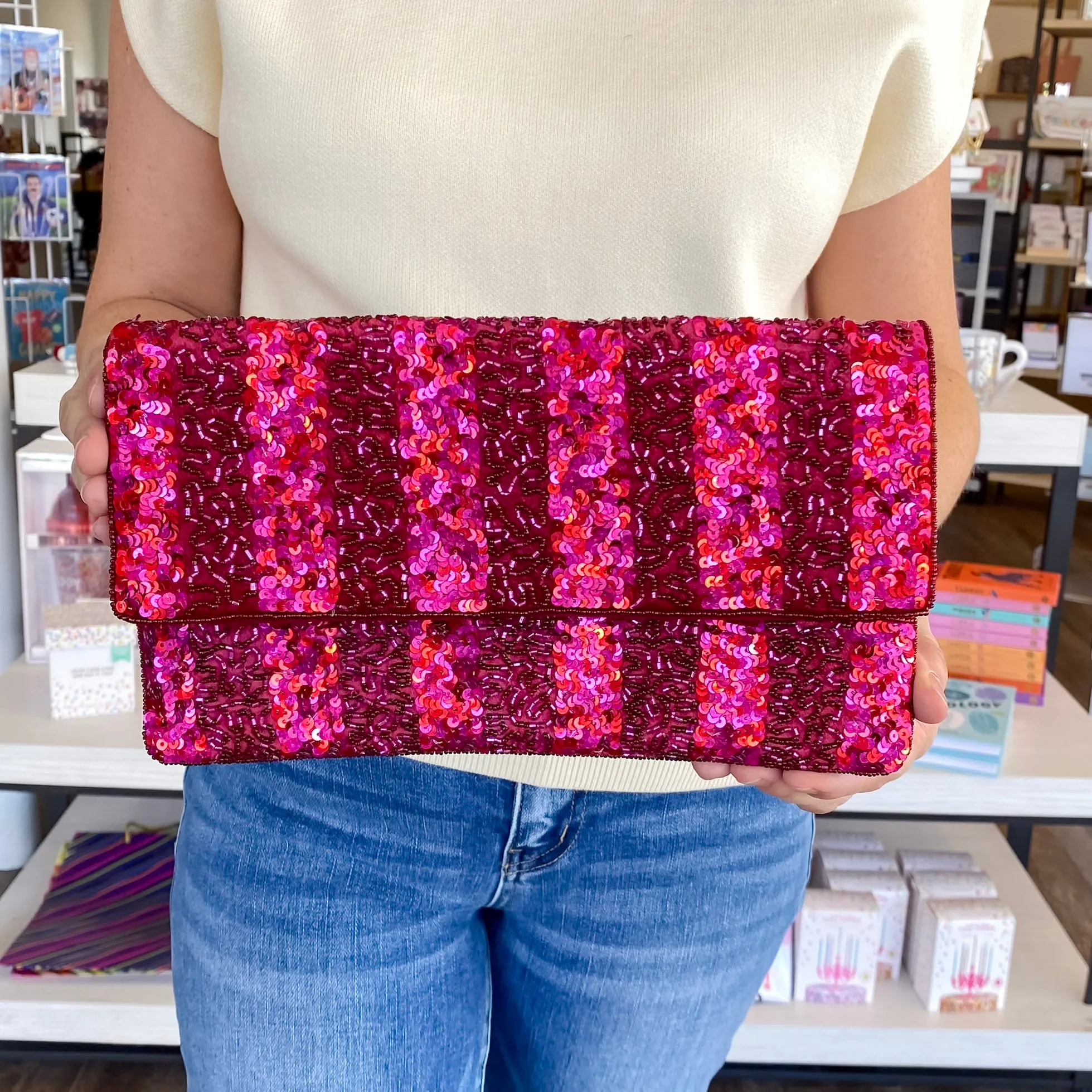 Deep Red Striped Beaded Crossbody