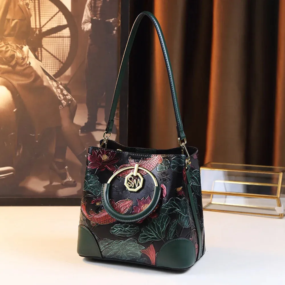 Elegant National Style Women Shoulder Bags Cross Body Flower Pattern Bucket