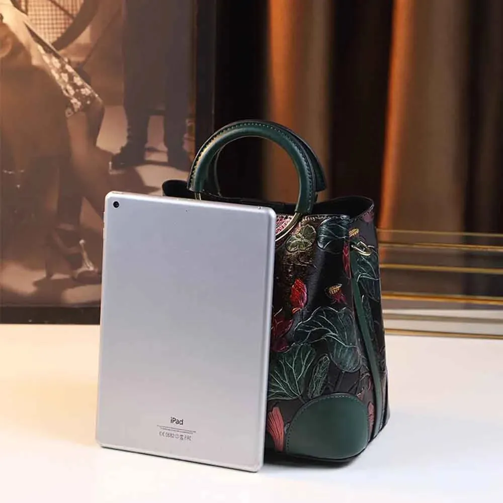 Elegant National Style Women Shoulder Bags Cross Body Flower Pattern Bucket