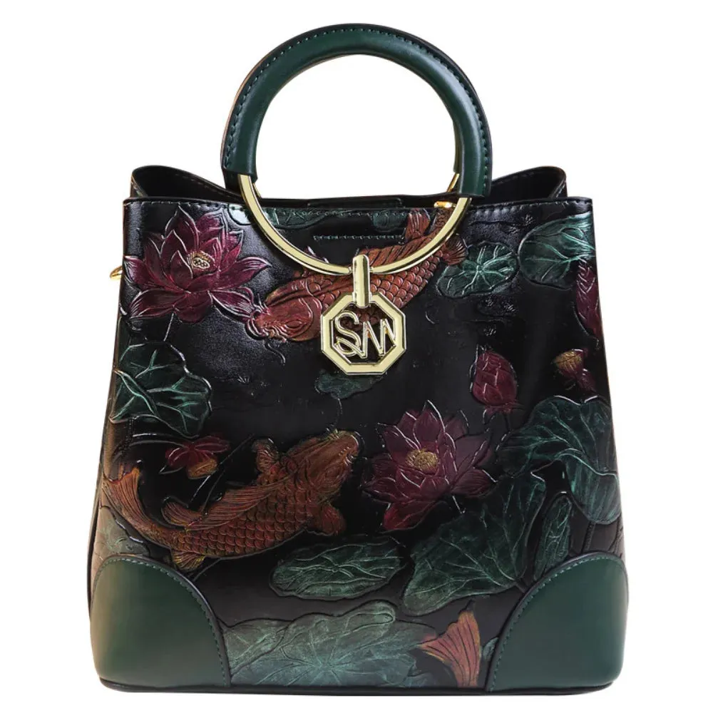 Elegant National Style Women Shoulder Bags Cross Body Flower Pattern Bucket