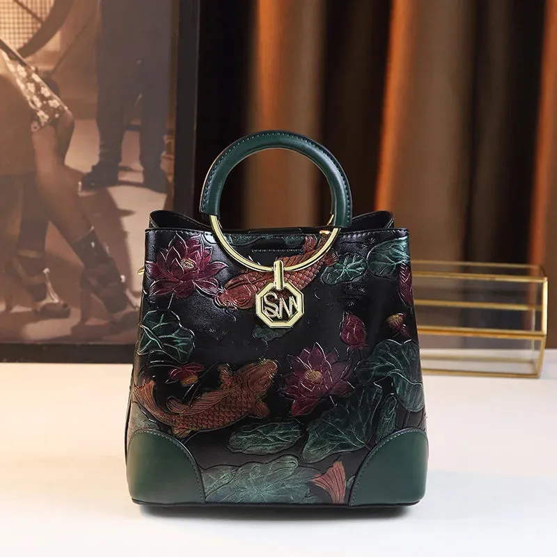 Elegant National Style Women Shoulder Bags Cross Body Flower Pattern Bucket