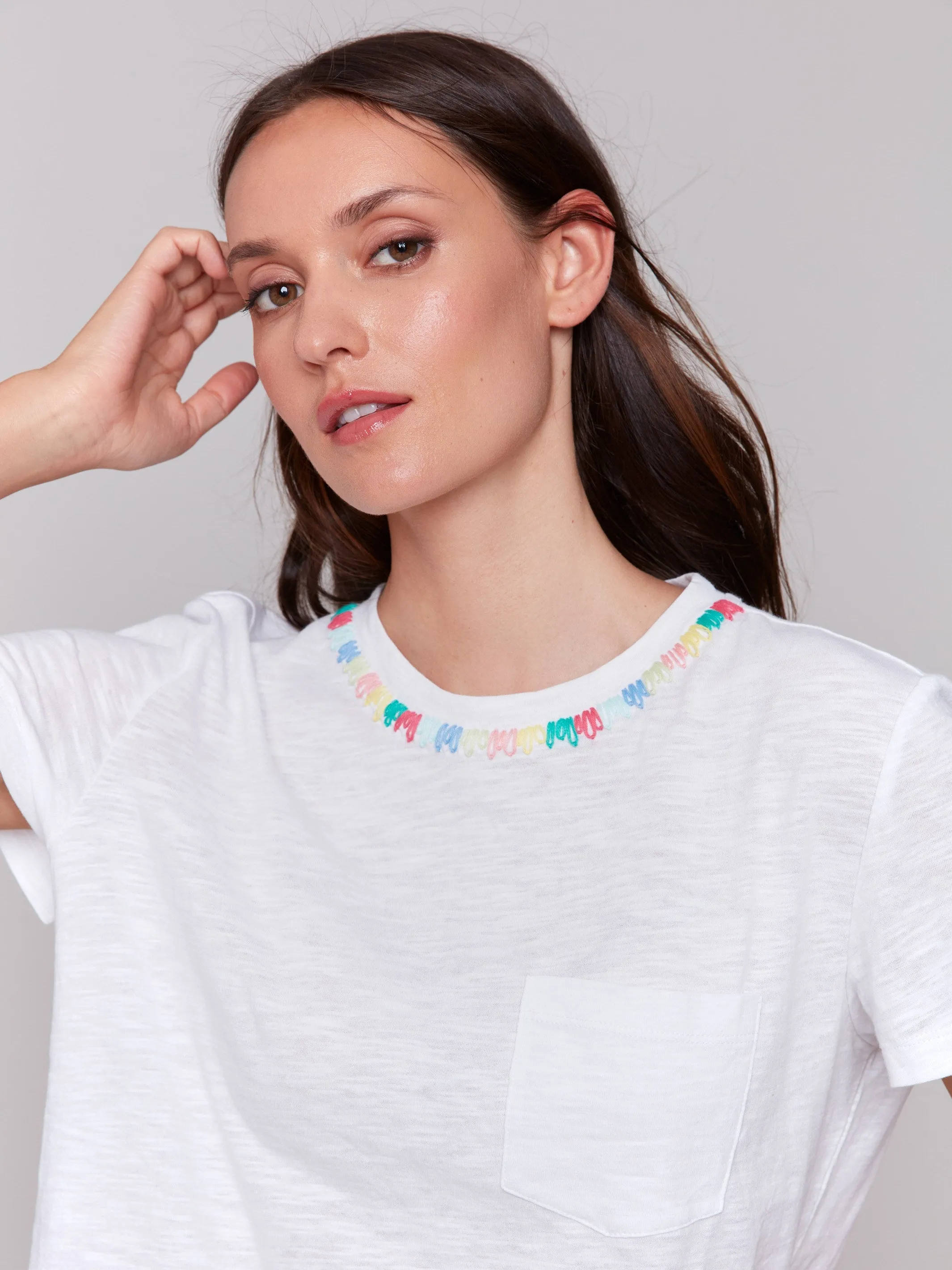 Embroidered Neckline Cotton T-Shirt - White