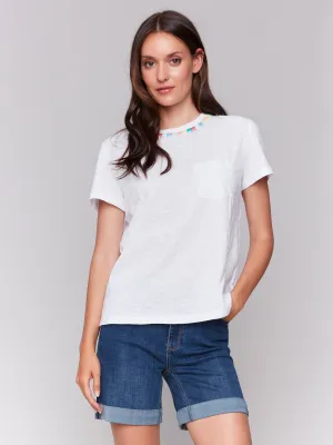 Embroidered Neckline Cotton T-Shirt - White