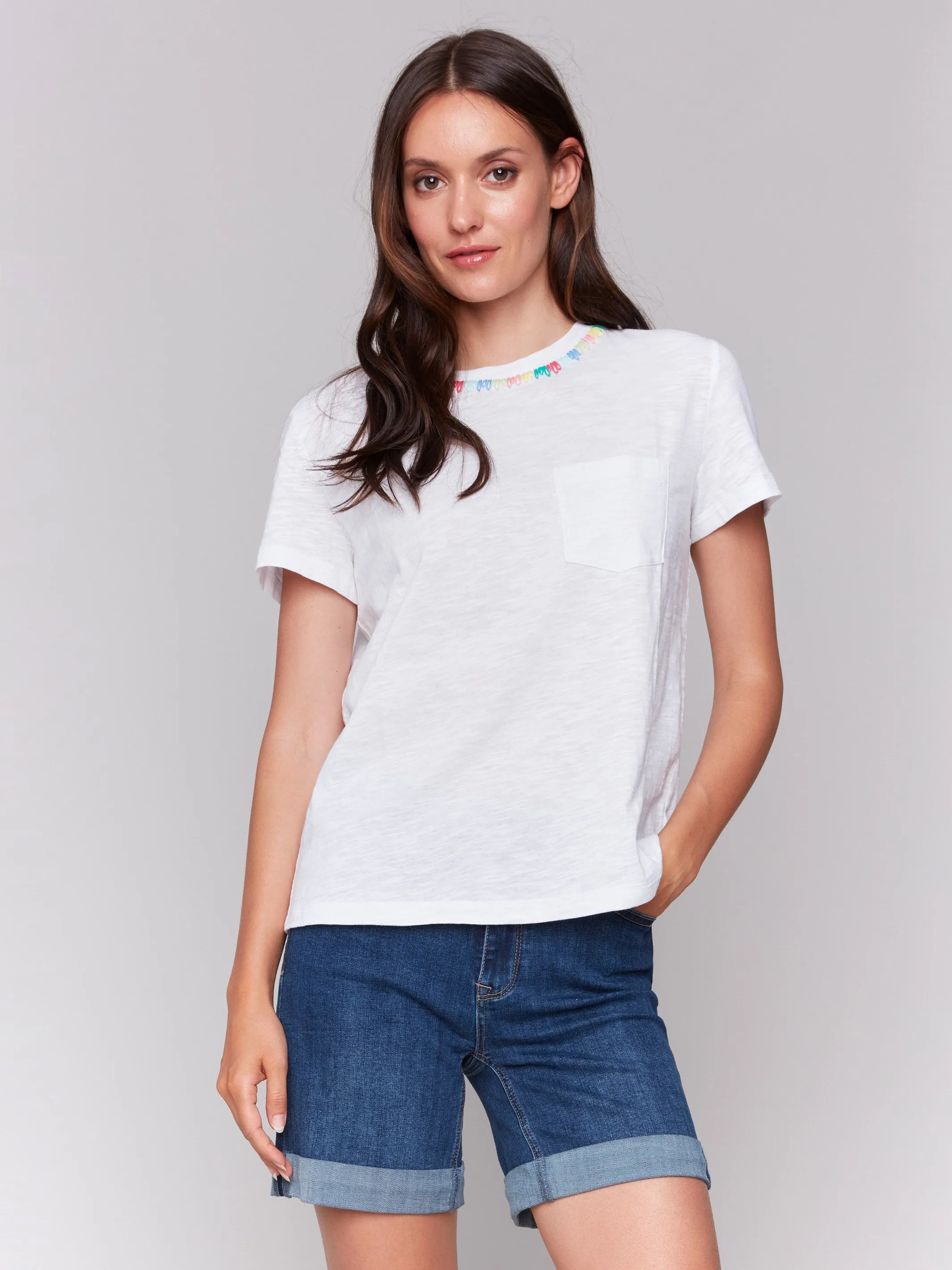 Embroidered Neckline Cotton T-Shirt - White