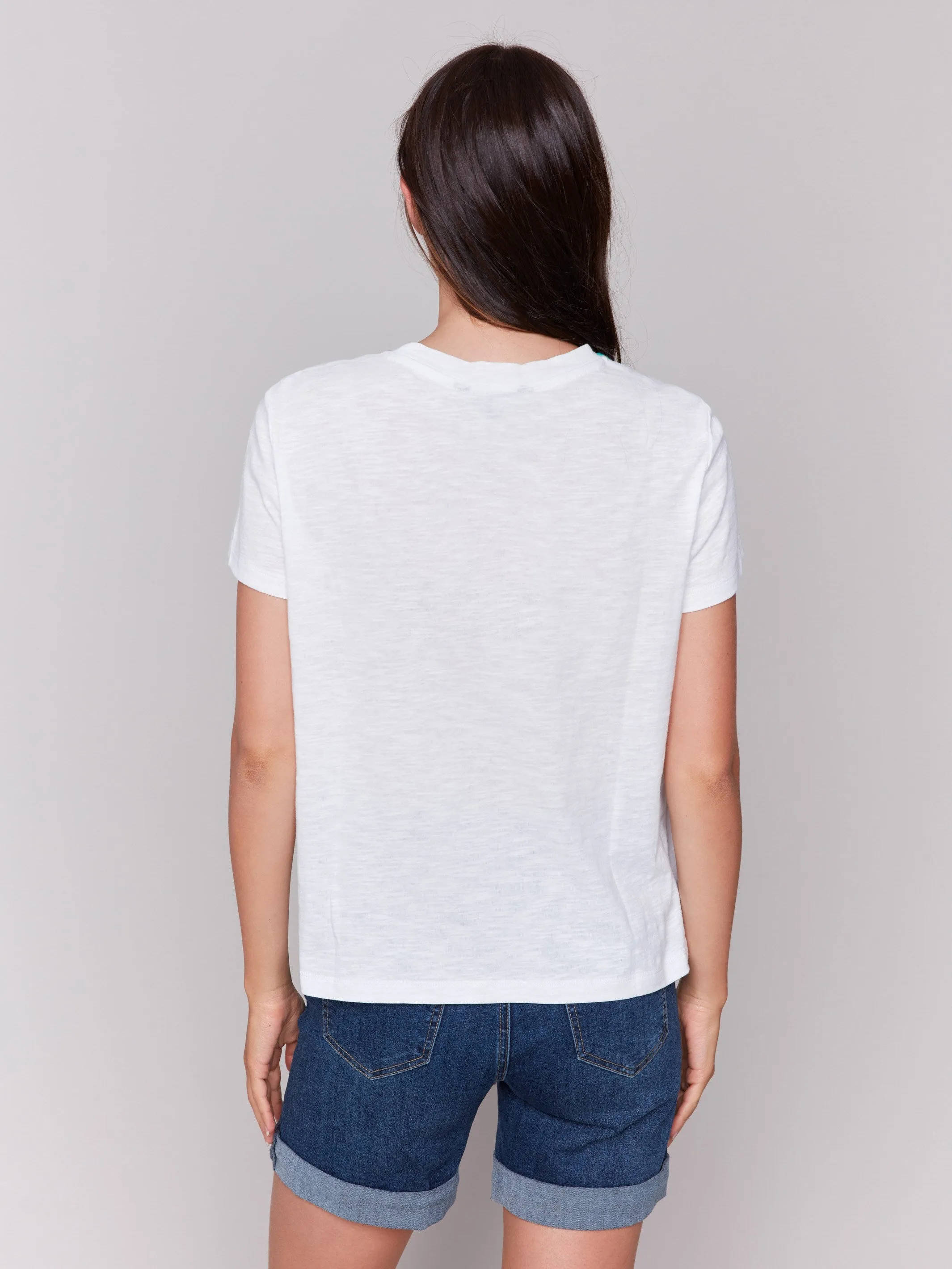 Embroidered Neckline Cotton T-Shirt - White